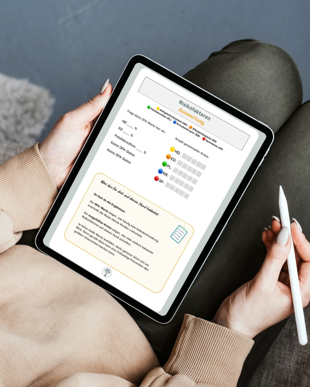 Vorschau der kostenlosen Gelenk-Risiko-Checkliste für Hunde als 
PDF-Download – für Rassehunde und Mischlinge geeignet